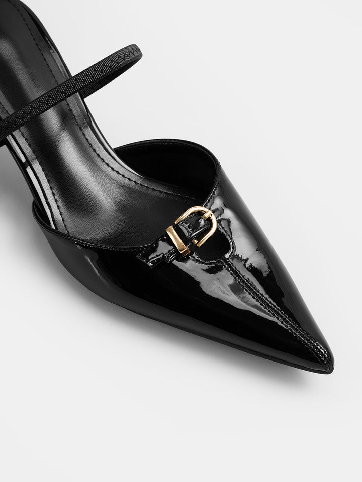 Pointed Toe Buckle Heeled Mules
