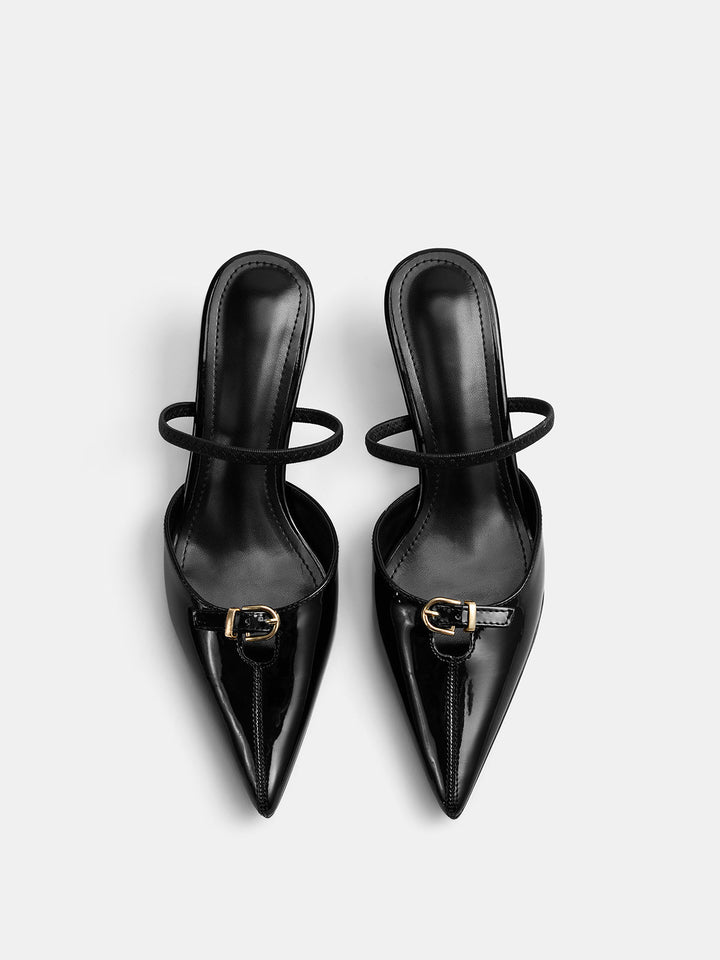 Pointed Toe Buckle Heeled Mules