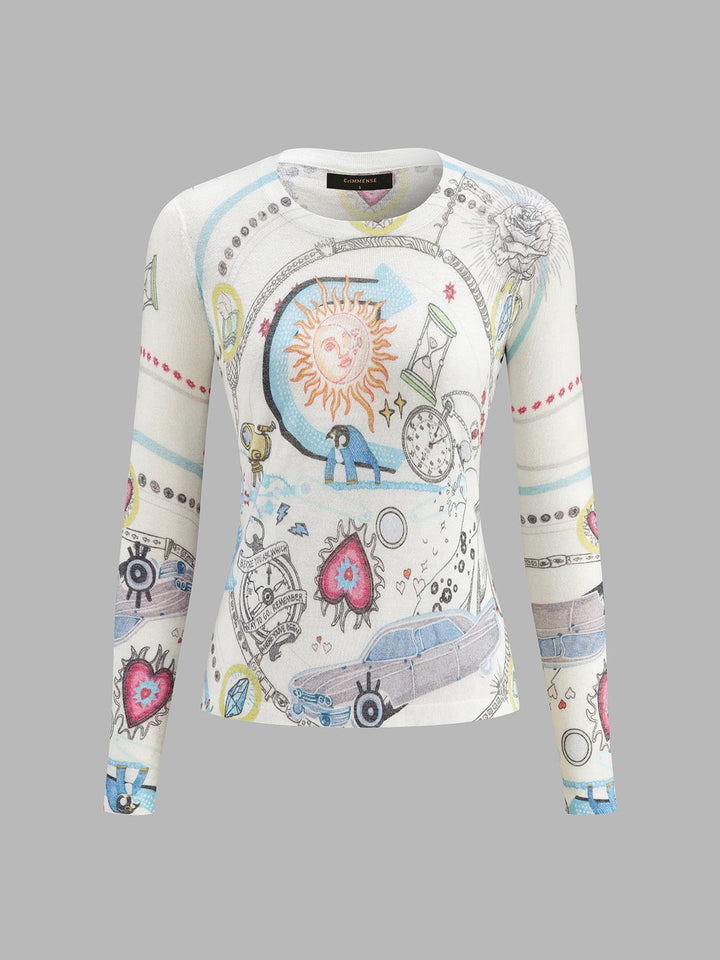 Wool Blend Celestial Print Knit Top
