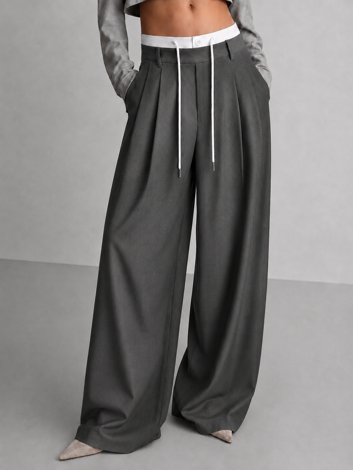 Contrast Waist Drawstring Wide Leg Pants
