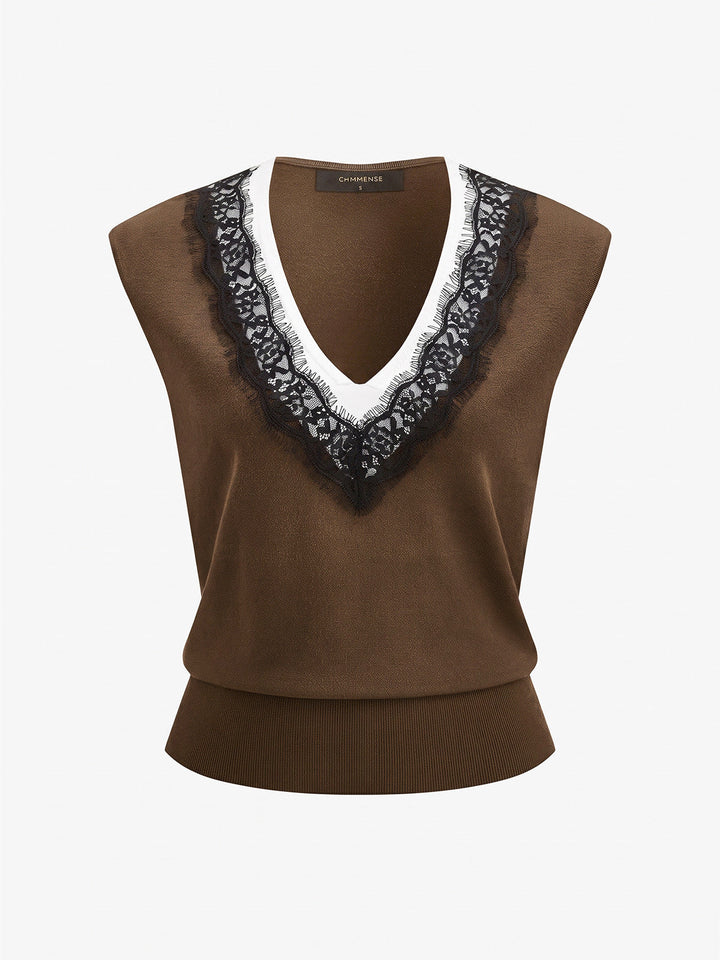 Lace Trim Contrast V Neck Sleeveless Knit Vest