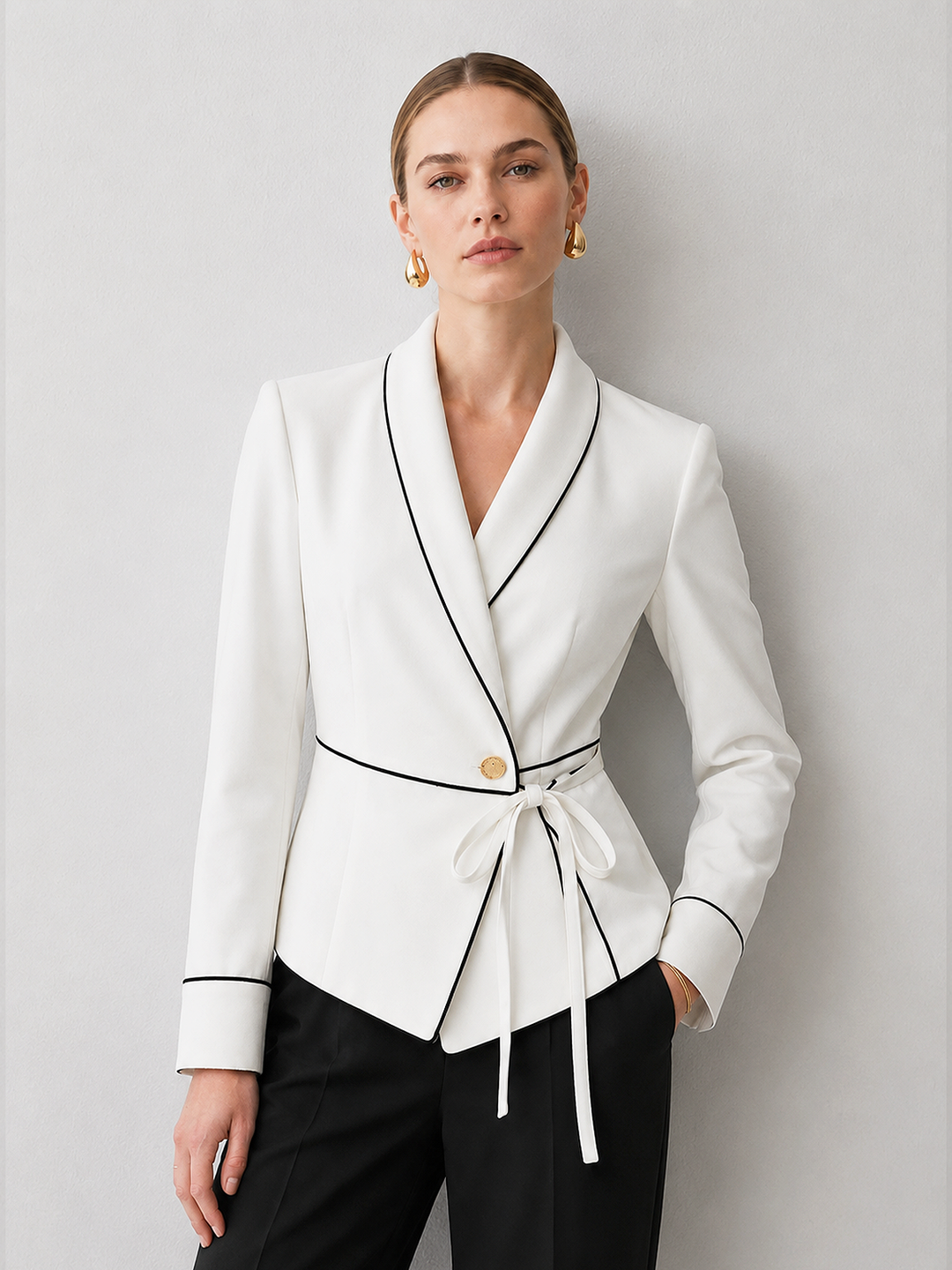 Contrast Piping Wrap Tie Waist Blazer
