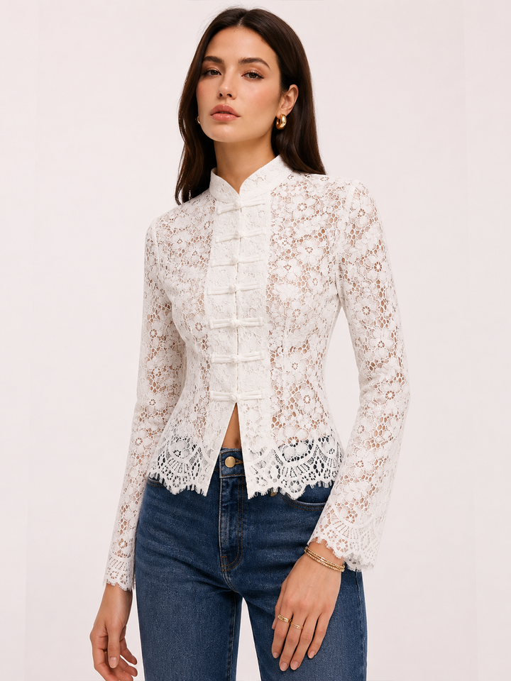 Mandarin Collar Lace Button-Up Top