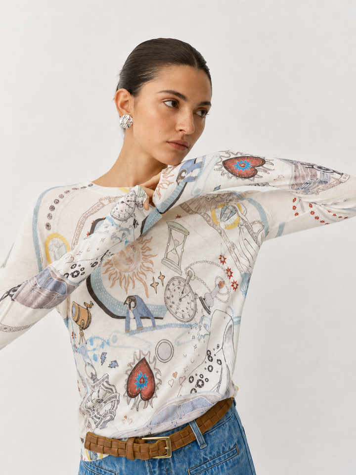 Wool Blend Celestial Print Knit Top