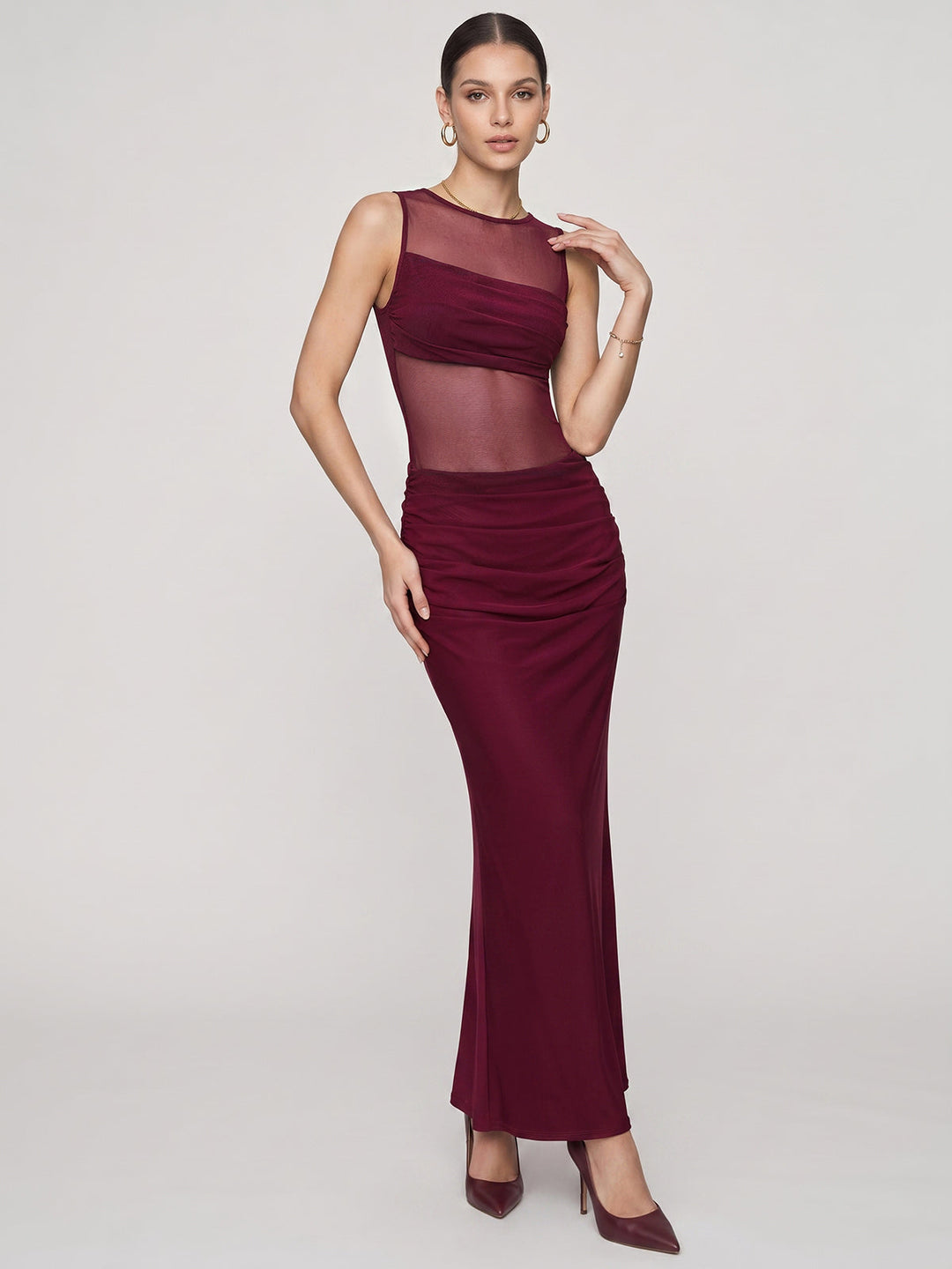 Mesh Panel Ruched Sleeveless Maxi Dress