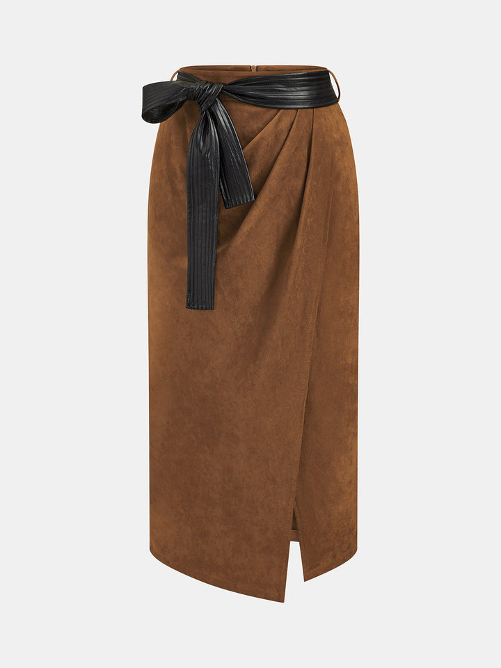 Belted Wrap Suede Effect Midi Skirt
