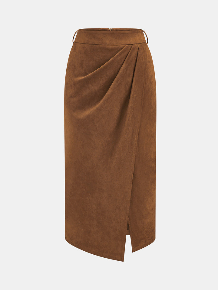 Belted Wrap Suede Effect Midi Skirt