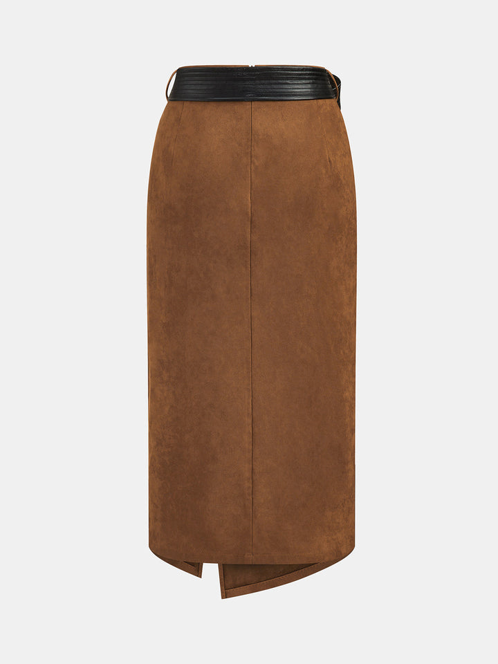 Belted Wrap Suede Effect Midi Skirt