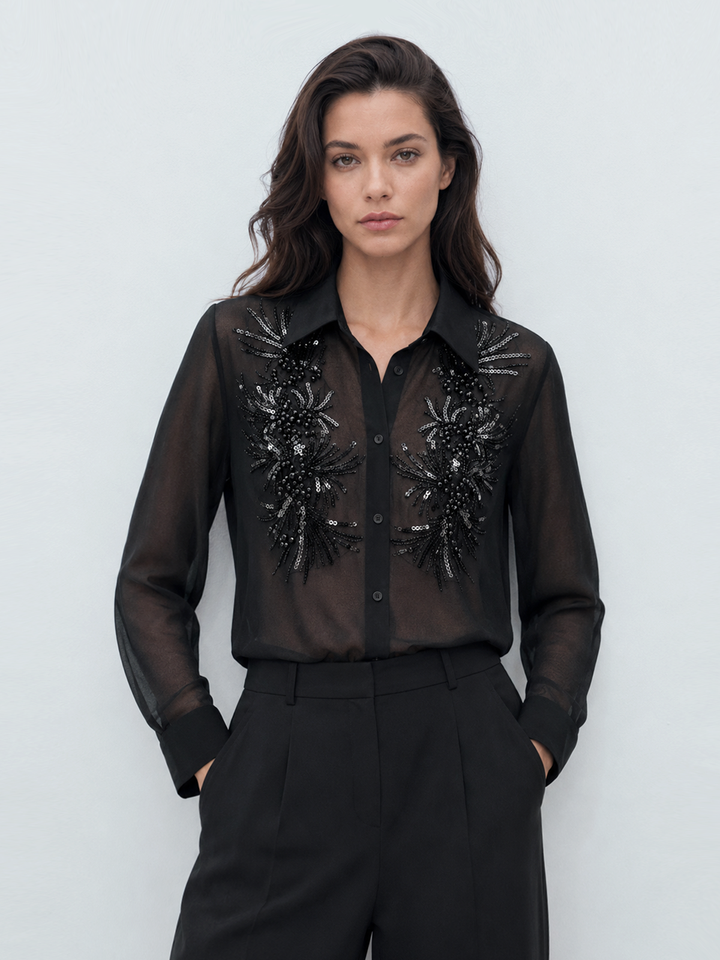 Sheer Beaded Embroidered Long Sleeve Shirt