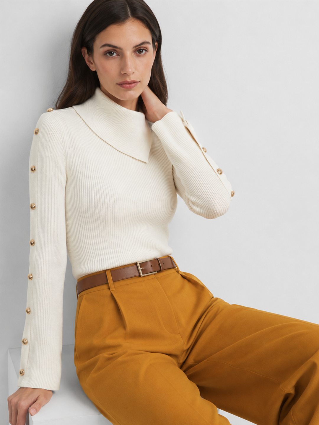 Asymmetrical Collar Button Sleeve Ribbed Knit Top