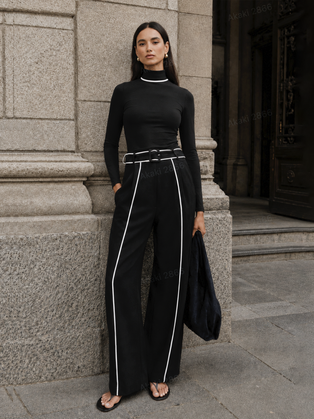 Contrast Piping Turtleneck Wide Leg Pants Set
