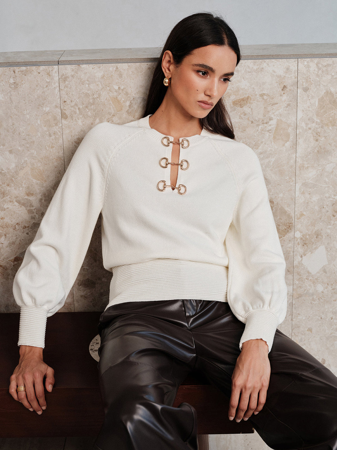 Horsebit Detail Lantern Sleeve Knit Sweater