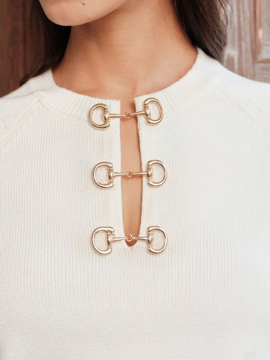 Horsebit Detail Lantern Sleeve Knit Sweater