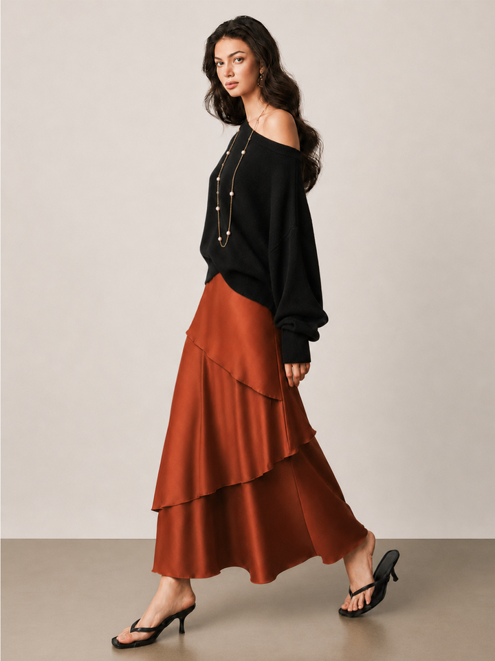 Asymmetric Layered Satin Maxi Skirt