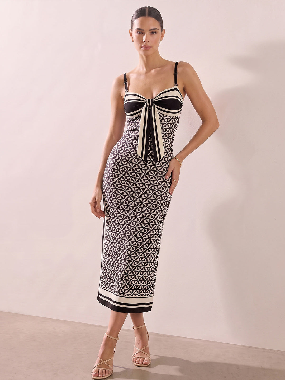 Geometric Print Tie-Front Slit Maxi Slip Dress