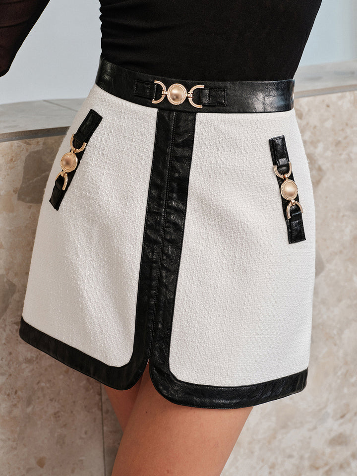 Faux Leather Panel Metal Buckle Tweed Mini Skirt