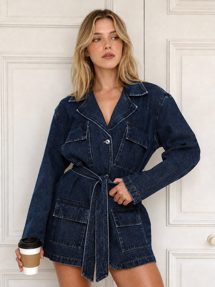Belted Denim Utility Blazer Jacket