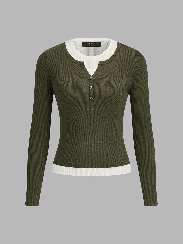 Contrast Collar Ribbed Henley Top
