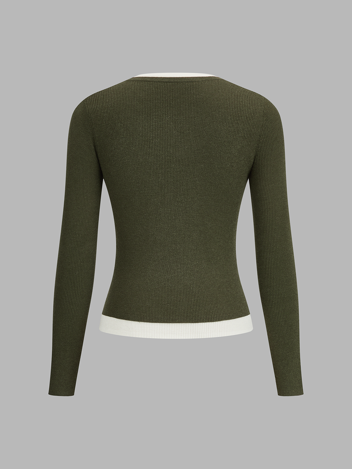 Contrast Collar Ribbed Henley Top