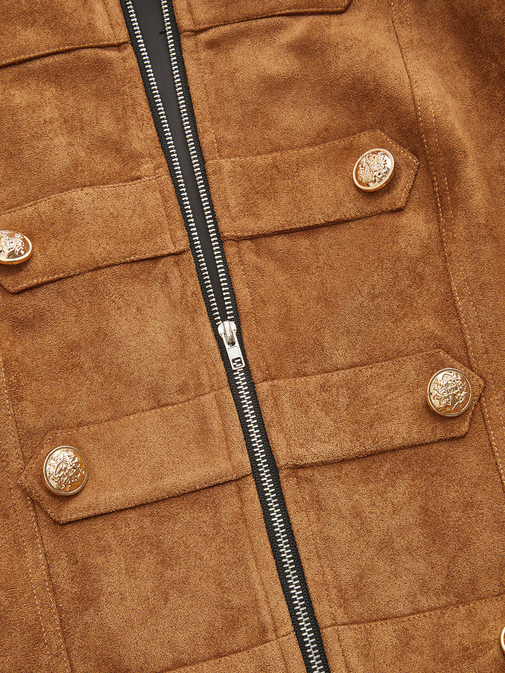 PU Collar Napoleon Style Suede Effect Jacket