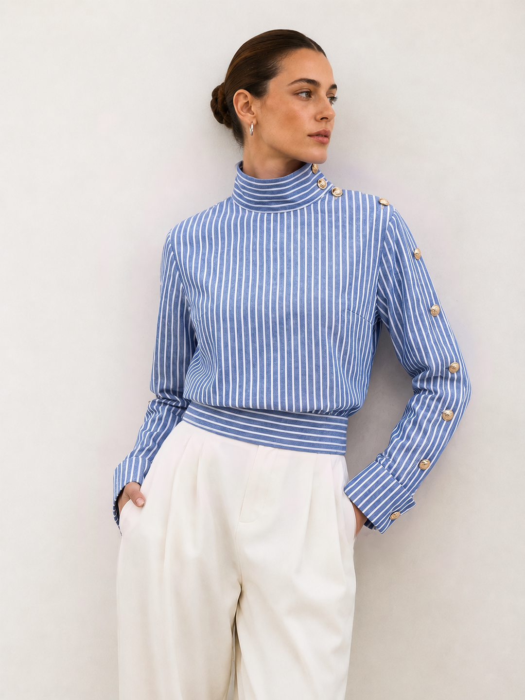 Striped Button Detail Cropped Cotton Linen Blouse