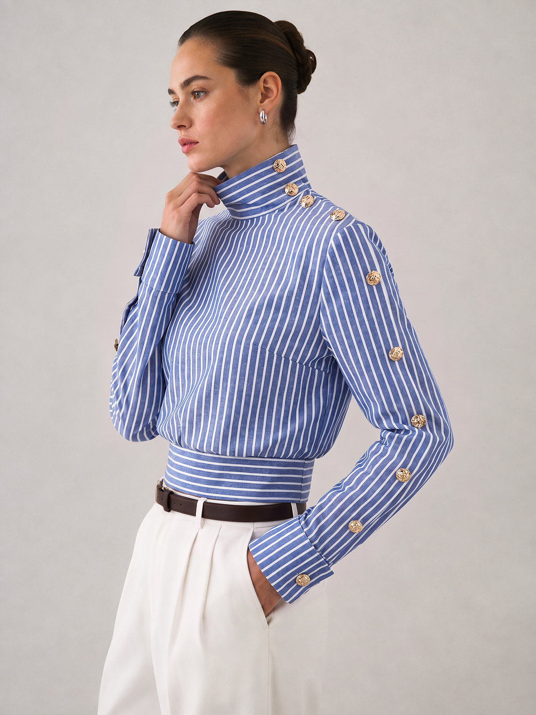 Striped Button Detail Cropped Cotton Linen Blouse