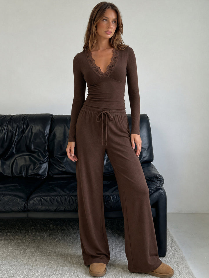 Lace Trim V‑Neck Top & Drawstring Pants Set