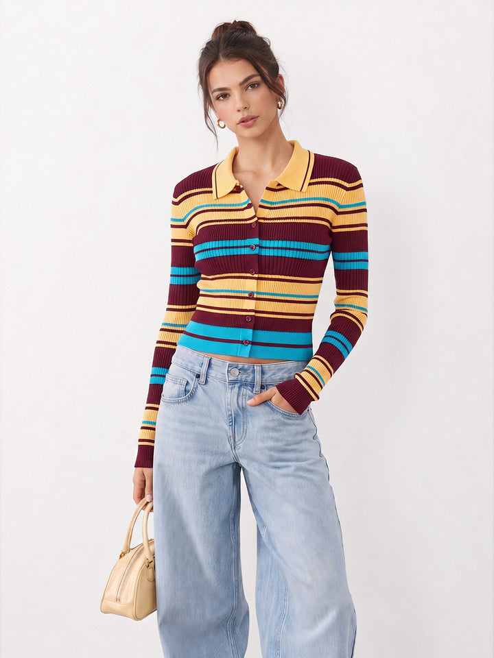 Multi‑Stripe Ribbed Collared Knit Cardigan