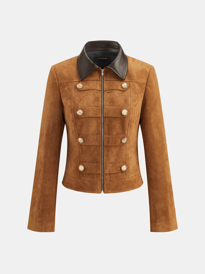 PU Collar Napoleon Style Suede Effect Jacket