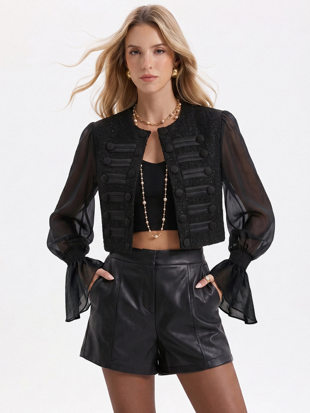 Sheer Sleeve Napoleon Wool Blend Cropped Jacket