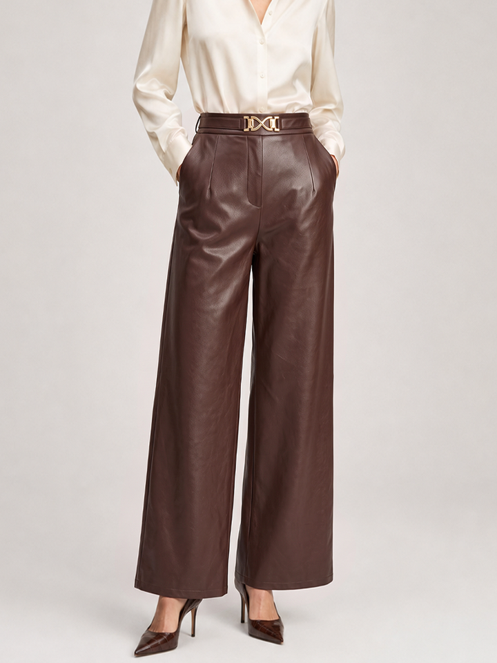 Metal Buckle Faux Leather Straight Leg Pants