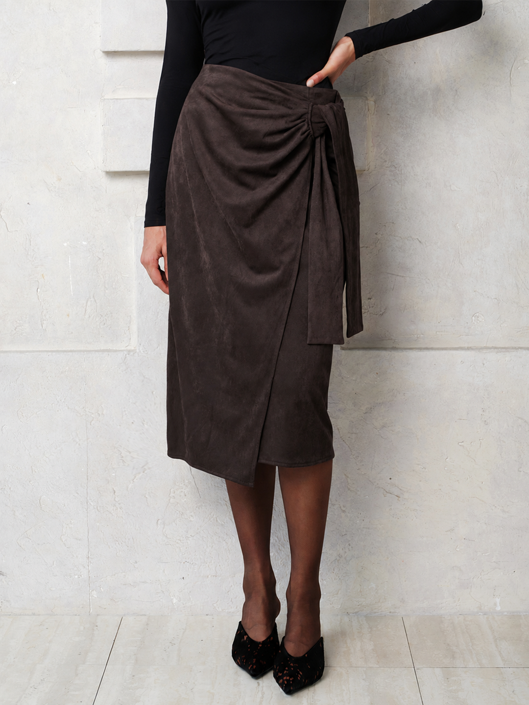 Suede Effect Ruched Wrap Midi Skirt