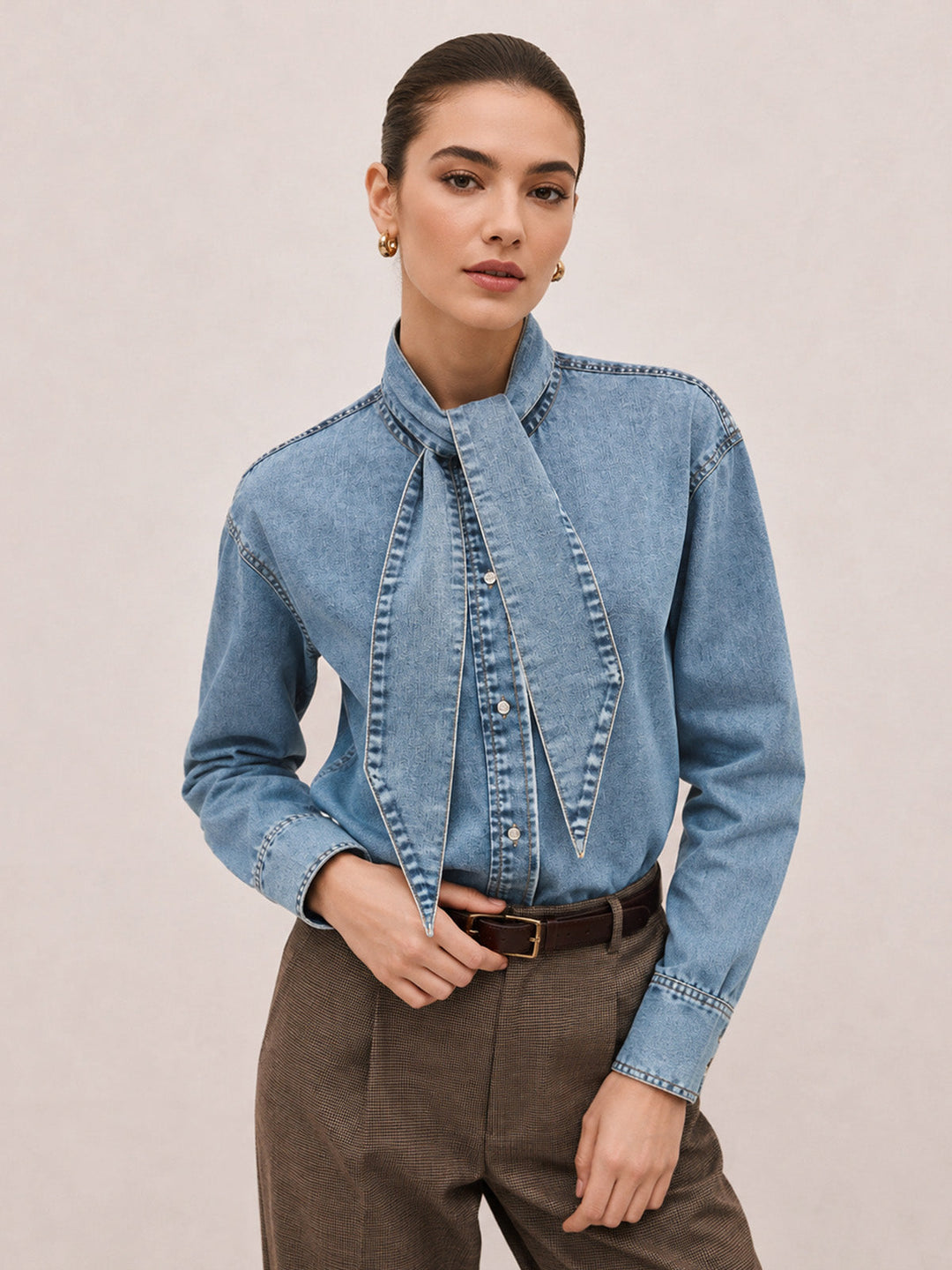 Tie-Neck Denim Long Sleeve Shirt
