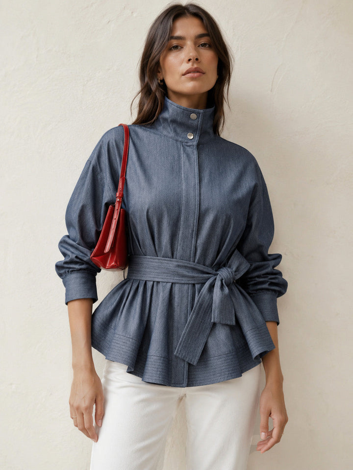 Stand Collar Belted Peplum Denim-Look Shirt