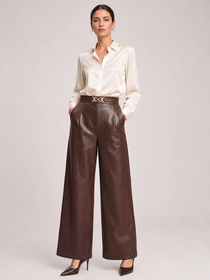 Metal Buckle Faux Leather Straight Leg Pants