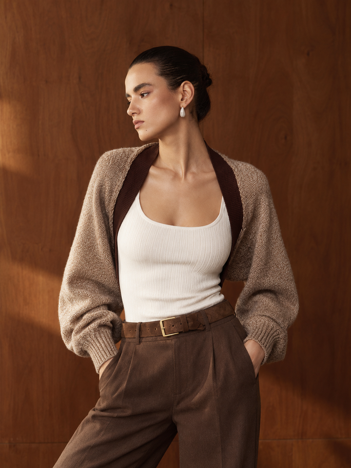 Wool Blend Contrast Trim Loose Knit Open Cardigan