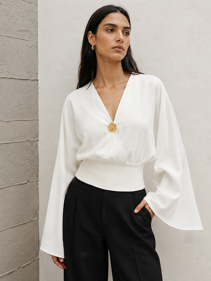 Metal Detail Flare Sleeve Waist‑Cinch Satin Blouse