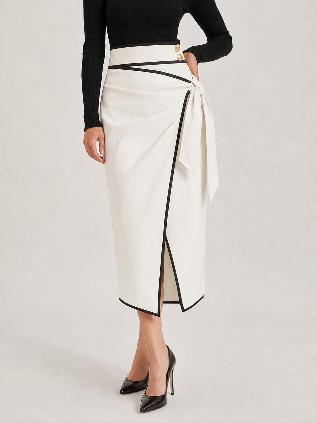 Contrast Piping Faux Leather Wrap Midi Skirt