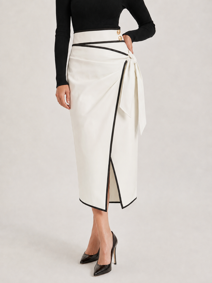 Contrast Piping Faux Leather Wrap Midi Skirt