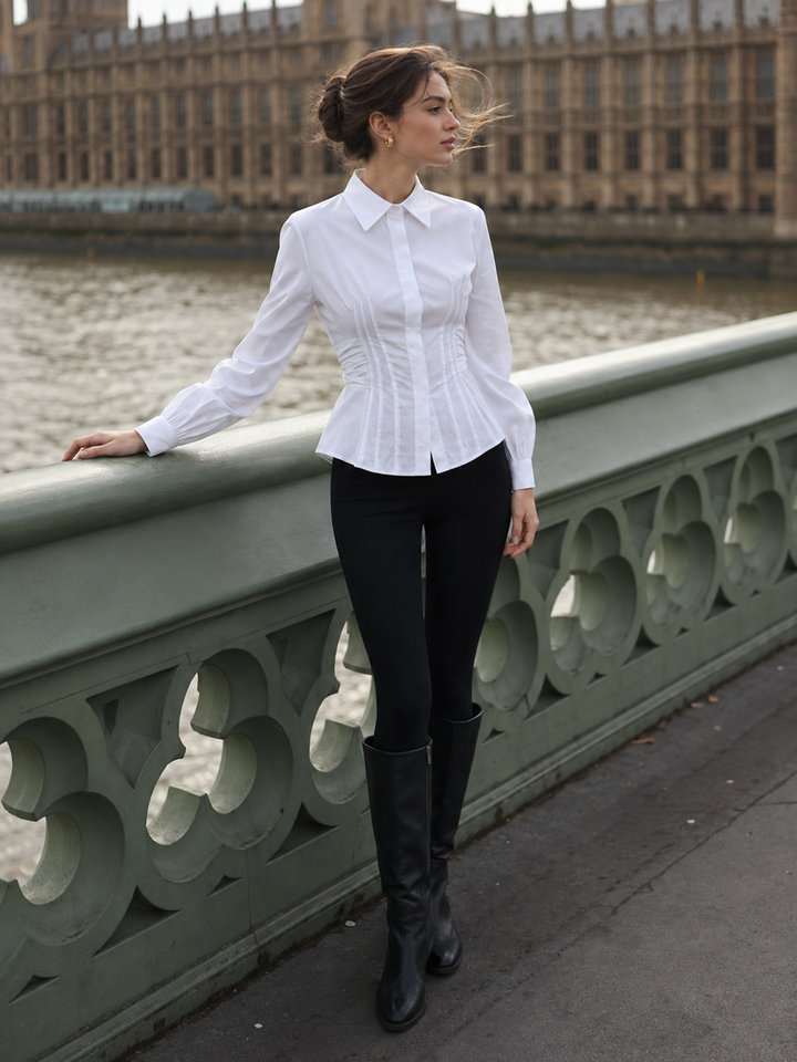 Ruched Waist Back Big Bow Cotton Shirt