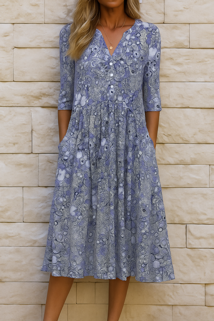 Aubrey | Boho Print Midi Dress with V-Neck Ruffle and Side Pockets