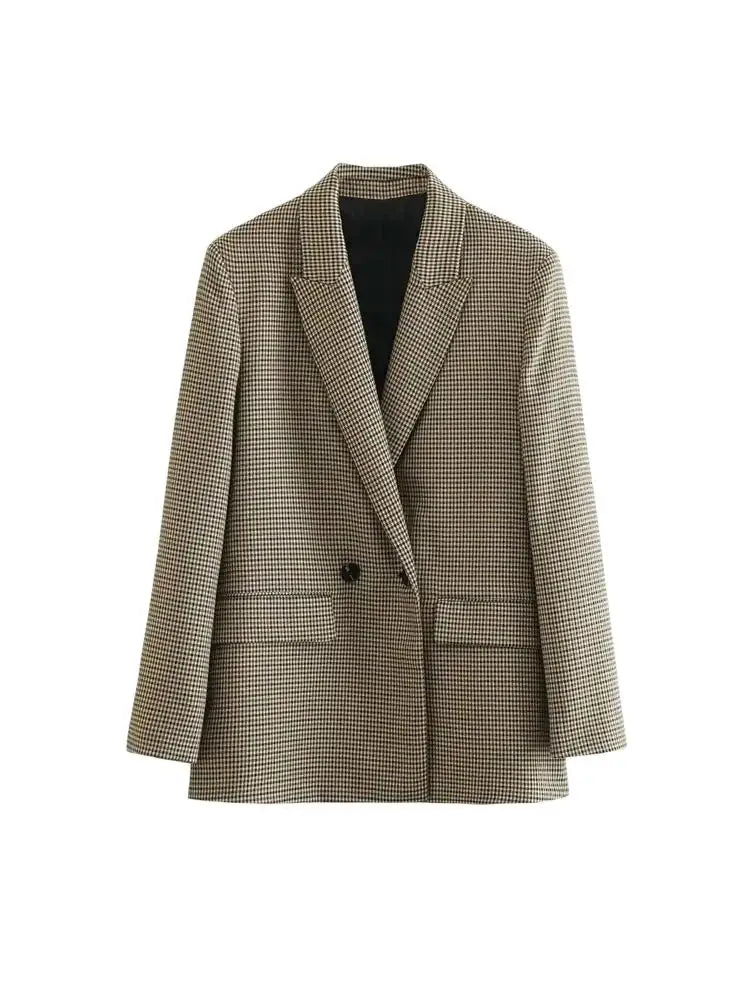 Chic Plaid Blazer Jacket – Vintage Double Breasted Design for Versatile Layering