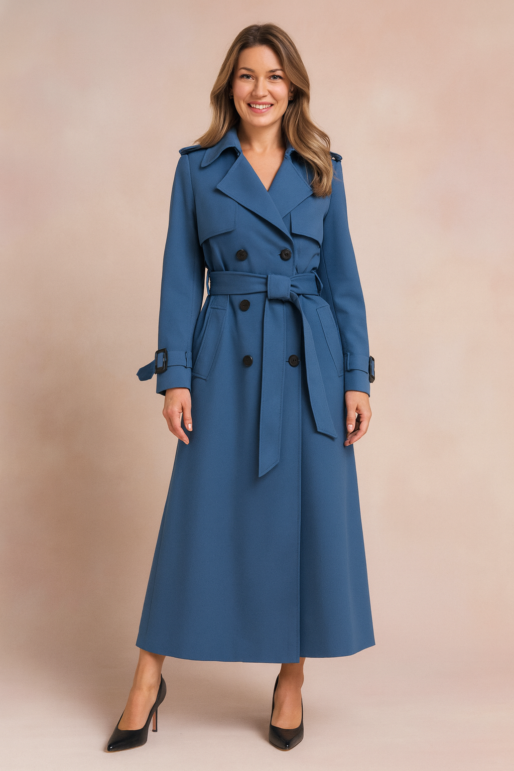 Long Belted Trench Coat with Buckle Detail for Women