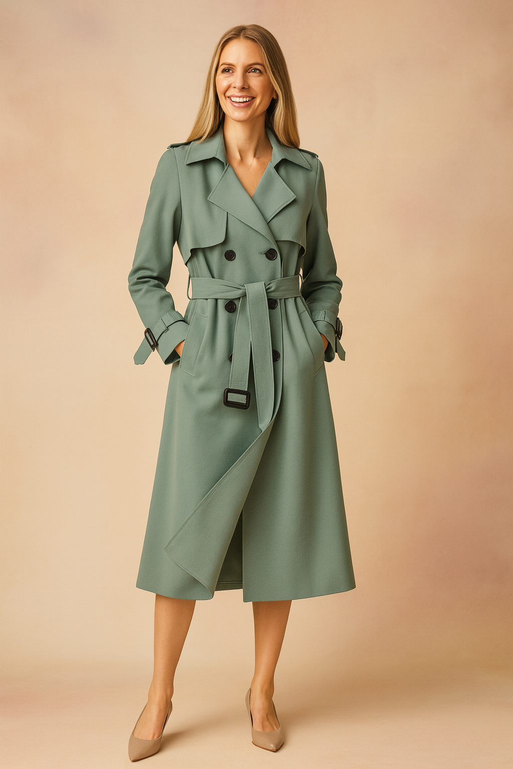 Long Belted Trench Coat with Buckle Detail for Women