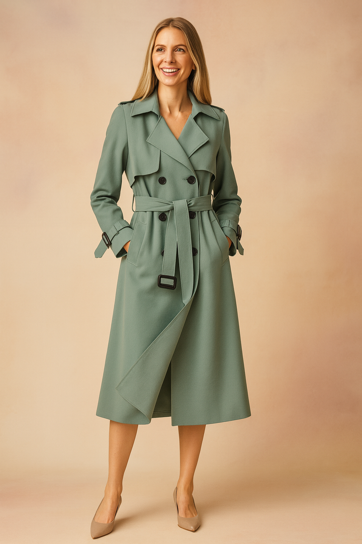 Long Belted Trench Coat with Buckle Detail for Women