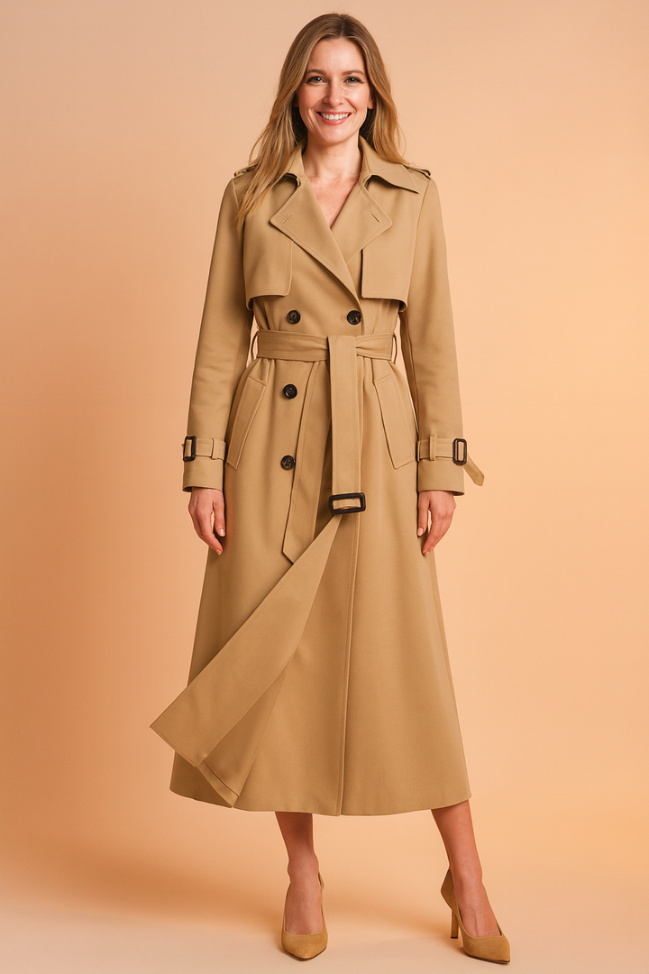 Long Belted Trench Coat with Buckle Detail for Women
