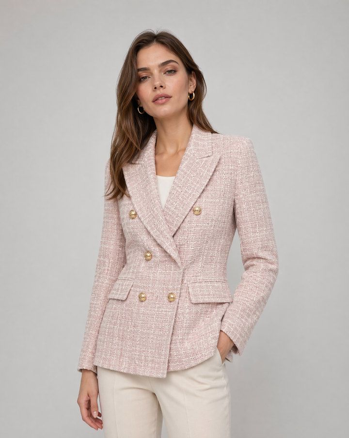 Pink Tweed Blazer with Gold Buttons – Classic Double-Breasted Jacket