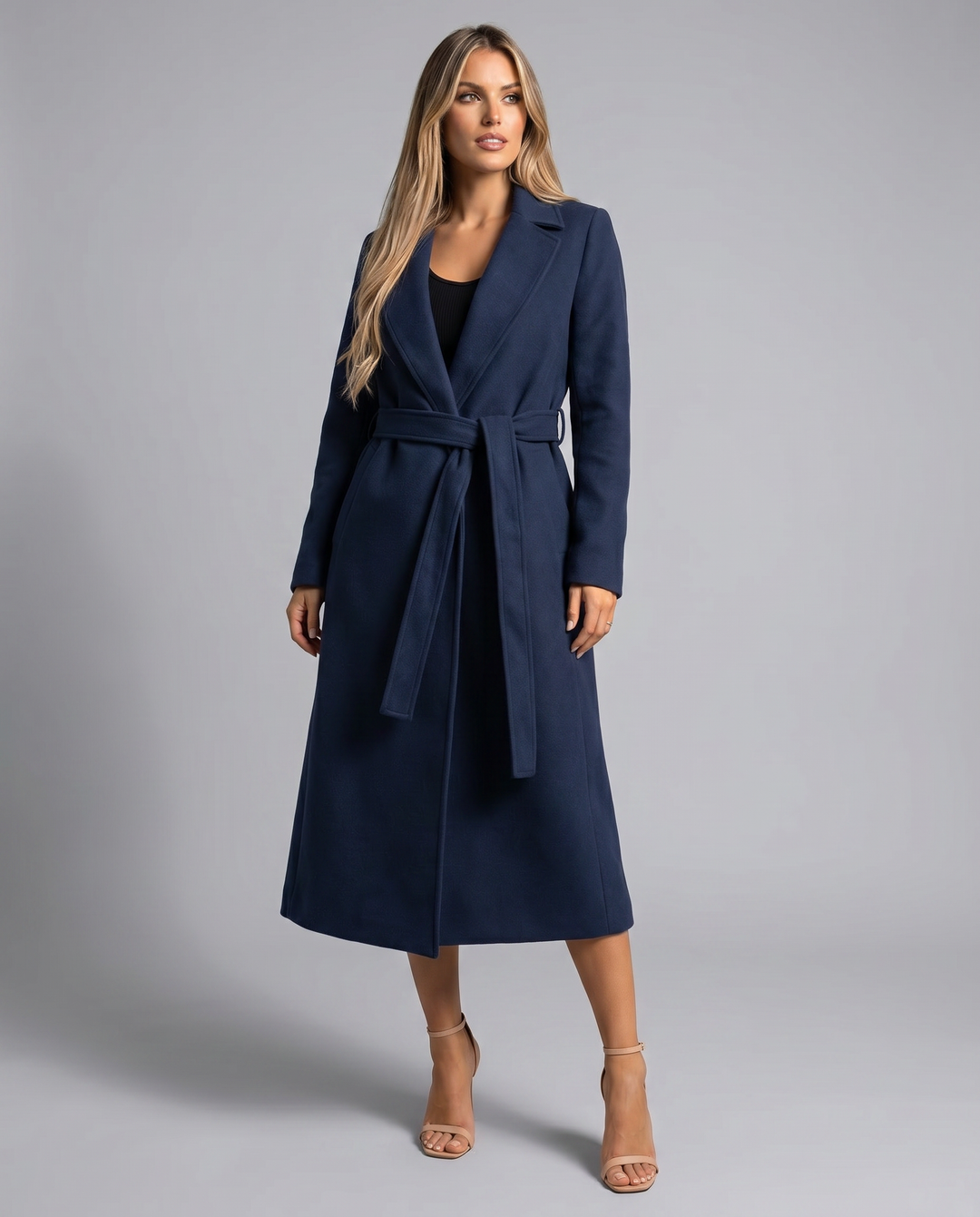 Women's Long Winter Trench Coat — Elegant Belted Lapel Long-Sleeve Wool-Blend Overcoat