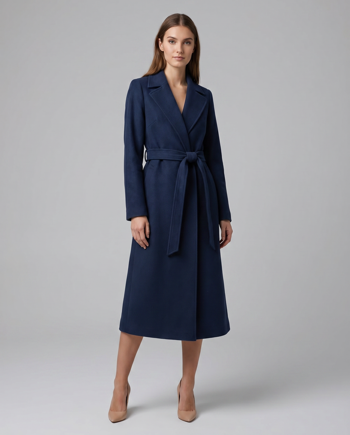Women's Long Winter Trench Coat — Elegant Belted Lapel Long-Sleeve Wool-Blend Overcoat