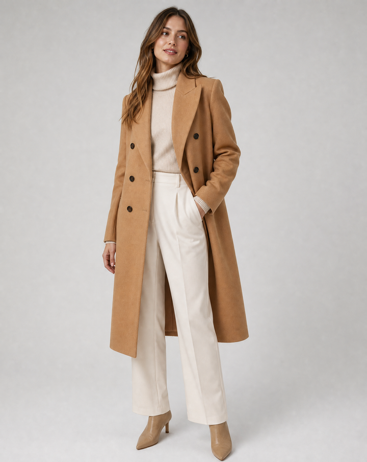 Women's Double-Breasted Elegant Tailored Coat — Long-Sleeve Lapel Wool-Blend Overcoat